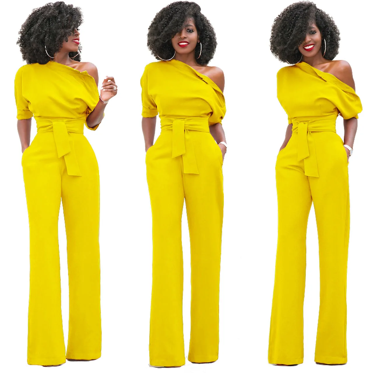 

Autumn Winter Women Jumpsuit Long Pants Rompers One Shoulder Neck Wide Leg Pants Jumpsuirt With Belt Sexy Club Party Overalls