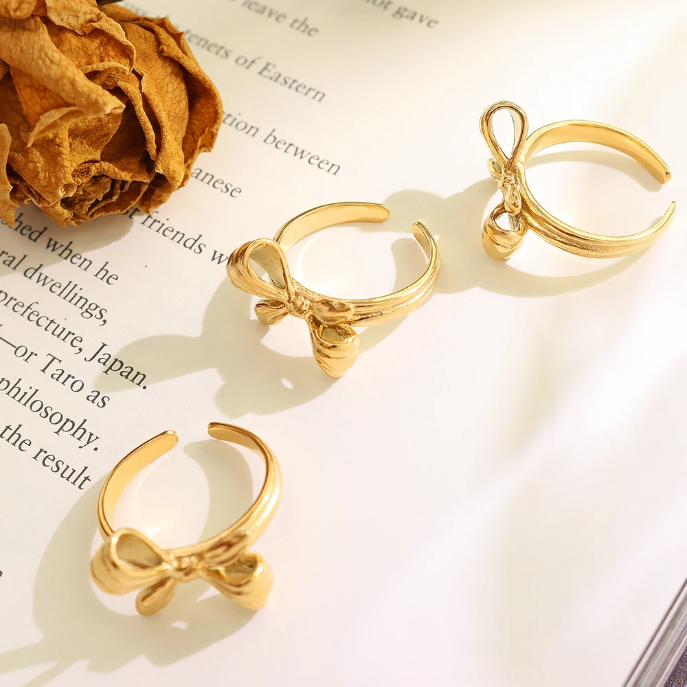

CH Jewerly Popular Fashion Jewelry Gold Bow Knot Ring Stainless Steel Geometric Adjustable Rosette Ring for Women