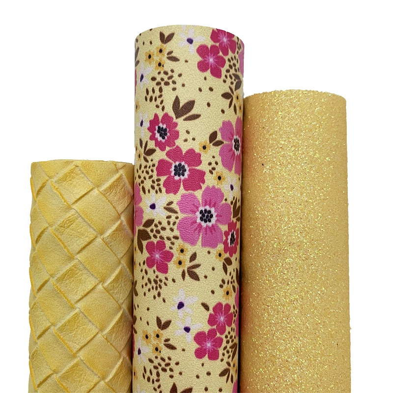 3 шт./компл. желтая тонкая блестящая виниловая ткань, сочетающаяся с цветочным принтом, искусственная кожа, плетение, тиснение, виниловая ткань для бантов DIY Q166