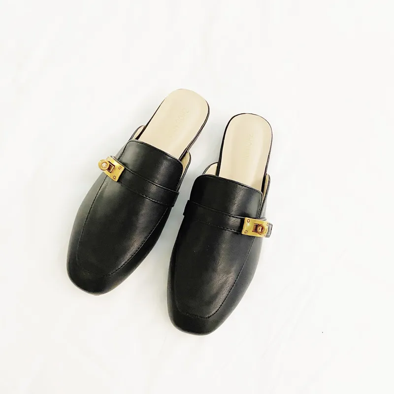 

Mules For Women 2021 Loafers Slippers Casual Shoes Pantofle Cover Toe Slides Luxury New Flat Rubber Fabric PU Rome Spring Fashio