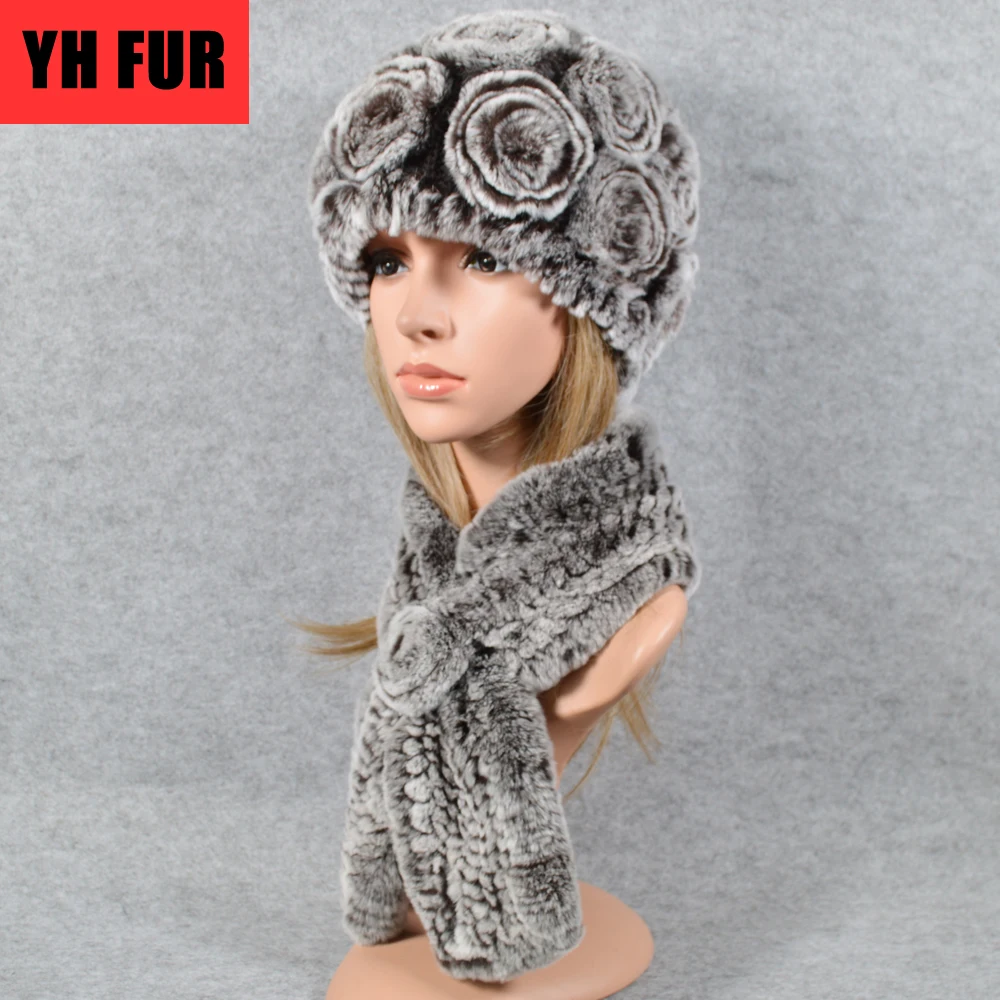 Новый стиль зимняя женская вязаная Цветочная Настоящий мех кролика шапка и шарф