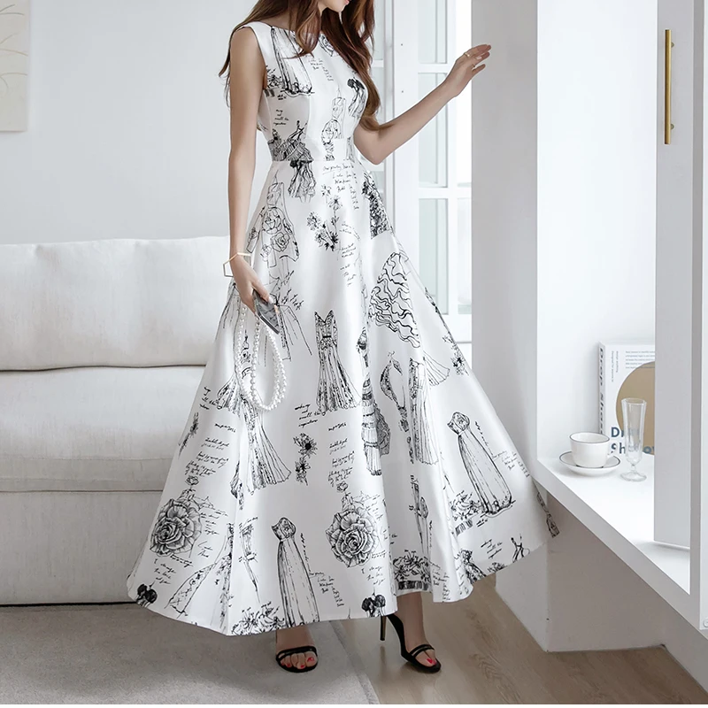 

Vintage Print Elegant Vacation Long Dress Women Summer New Sleeveless Luxuriy A-Line Dresses Simple Work Casual Vestidos