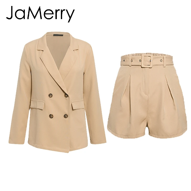 JaMerry Highstreet шикарный комплект из двух предметов Женский блейзер двубортный офисный Женский блейзер Повседневная Уличная одежда женский костюм - Цвет: Khaki Suit