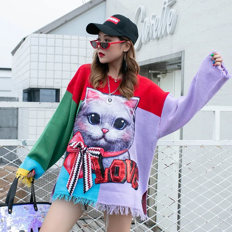 QING MO Patchwork Color Women Sweater Cat Printed Pullovers 2019 Autumn Winter Chic Casual Style ZQY1486 Женская одежда