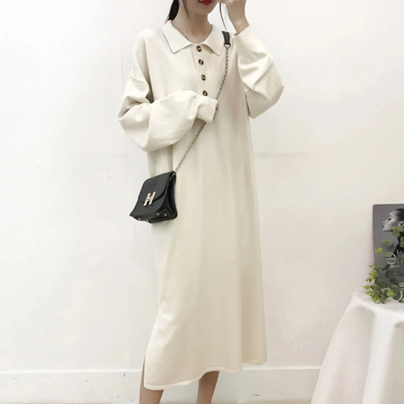 

Элегантное однотонное платье-рубашка с отложным воротником, повседневное свободное трикотажное платье, женские платья миди с длинным рука...