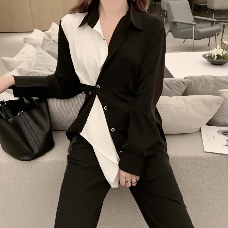 

Женская рубашка в стиле пэчворк, черно-белая рубашка контрастных цветов с длинными рукавами и прострочкой, новинка 2021