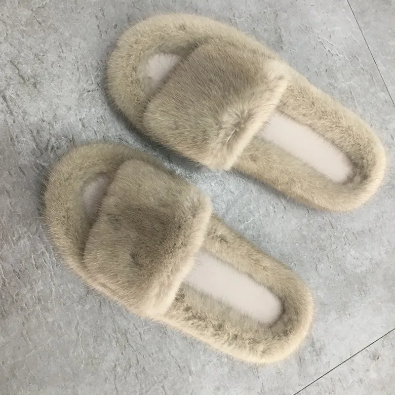 

Women's Real Mink Fur Slippers New Arrivals Indoor Shoes Natural Fluffy Female Fashion Winter Fur Slides Slip Luxury Slippers