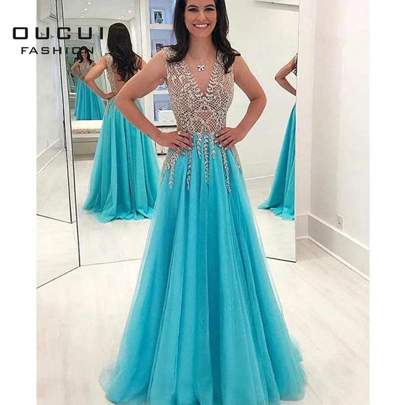 

Oucui Deep V Neck Long Evening Dress Handmade Beaded Sexy Gowns Formal Tulle Prom A Line Plus Size Vestidos De Fiesta OL103544