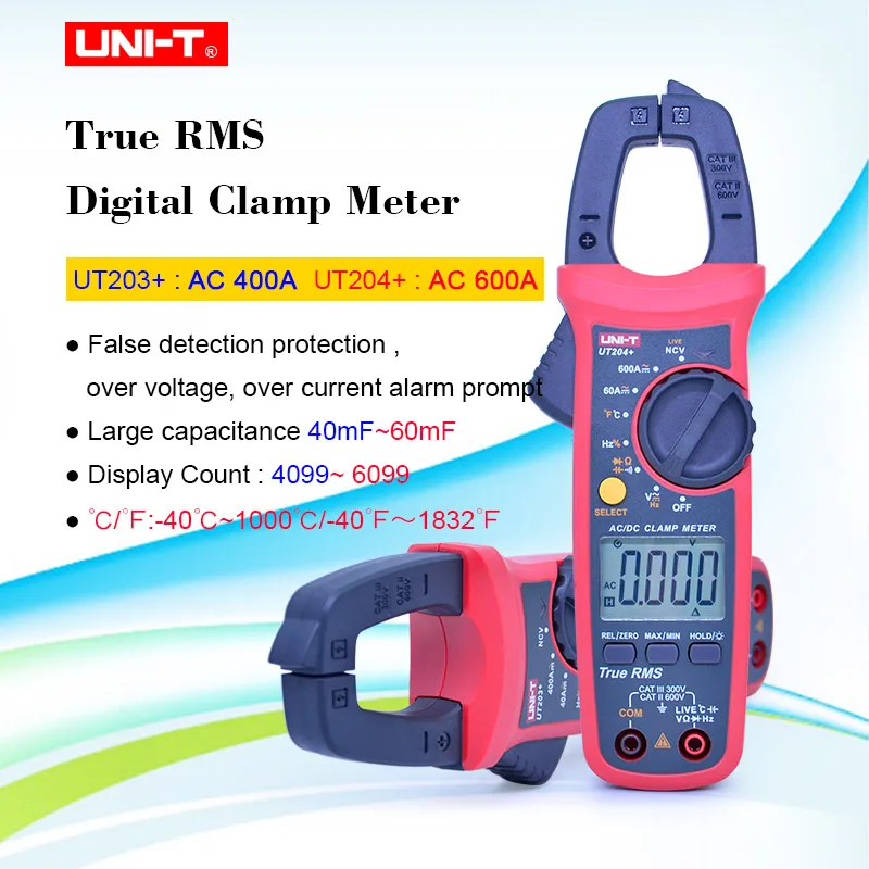 Цифровой токоизмеритель зажим UNI T True RMS постоянный и переменный ток UT203 + UT204 400A 600A