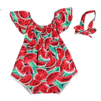 newborn baby girls clothes watermelon print short sleeve round neck bodysuit bowknot headband 2pc cotton casual summer set