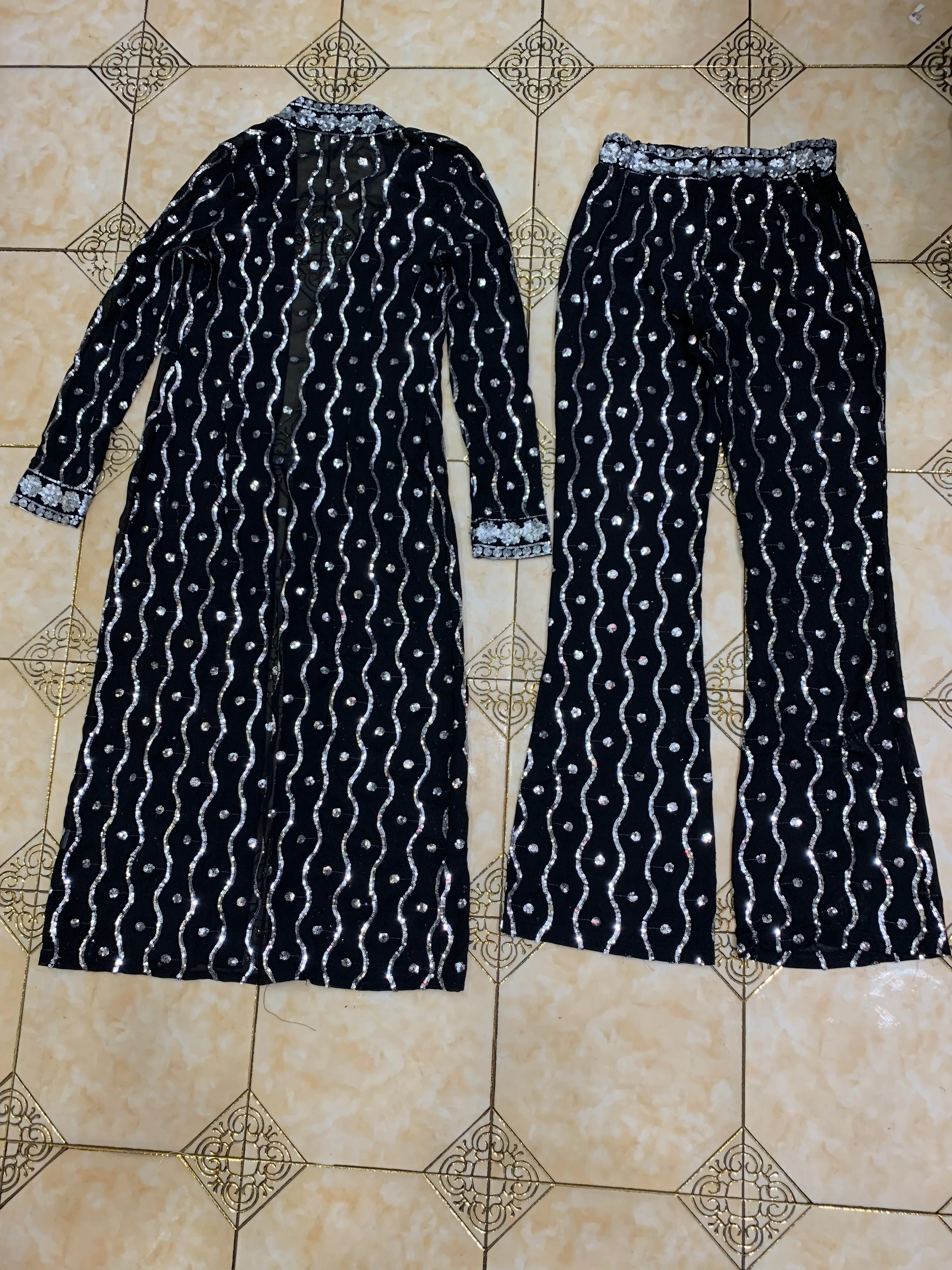 New Arrival Sequin Beading Outwear Coat And Pant Set Black