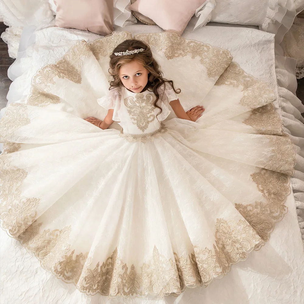 

Kids Girls Wedding Flower Embroidery Girl Dress Elegant Princess Party Formal Long Dress Tulle Lace Dress For 2-13 Years