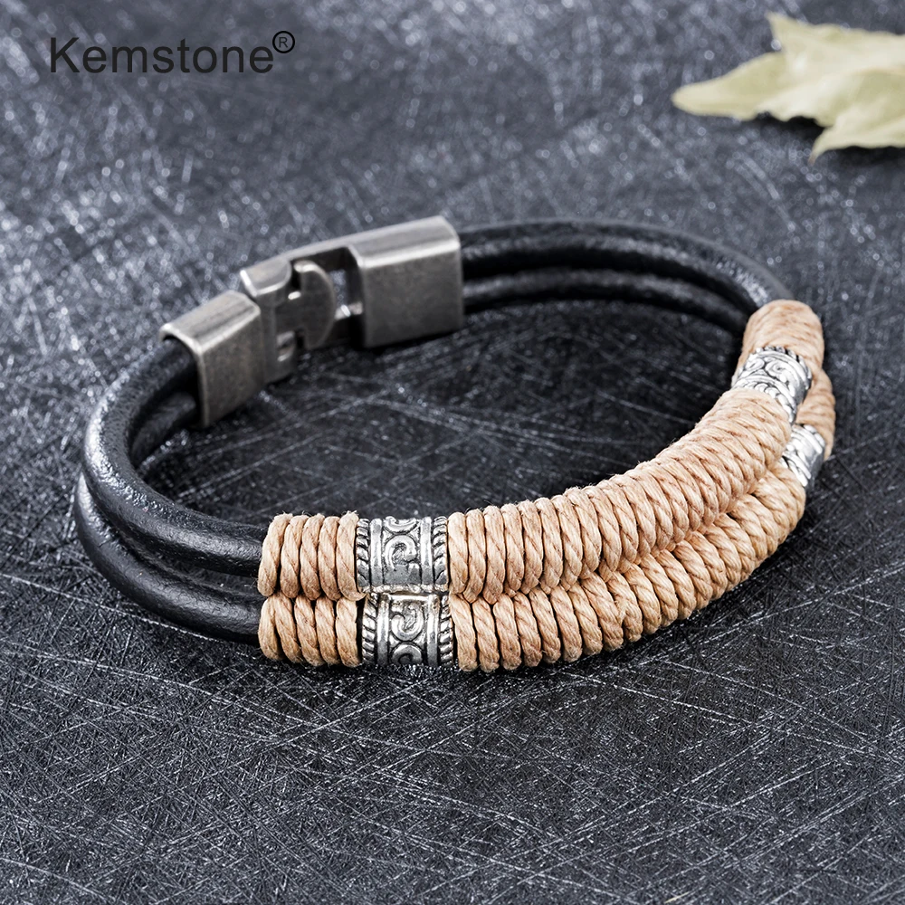 Kemstone двухслойный бежевый веревка обмотки черный кожаный браслет модные