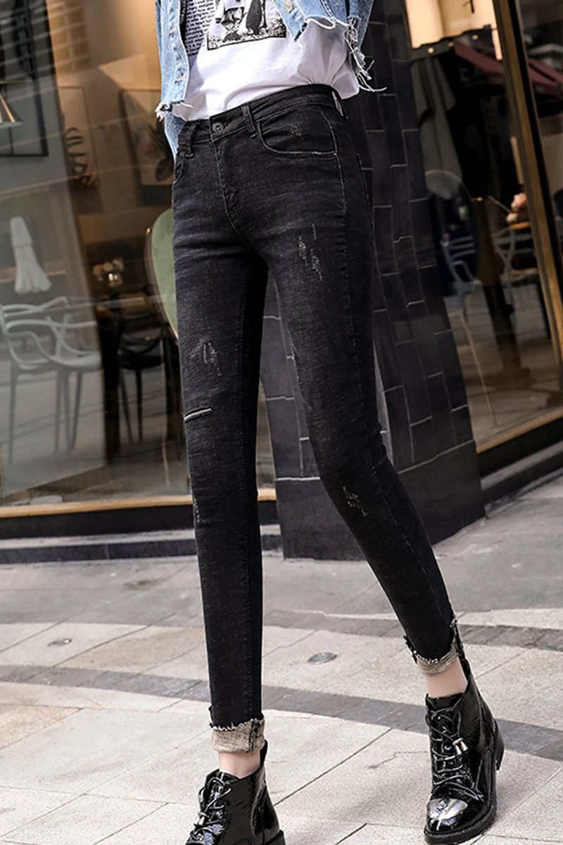 

Hole Black Jeans Women 2021 New Spring Autumn Stretch Tight High Waist Denim Pants Female Ankle-length Skinny Pencil Jean
