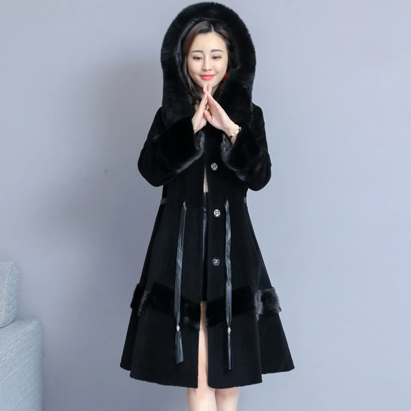 

Plus Size Fur Slim Fox Fur Sheep Sheared Coat Female Long Pop Vogue New Wool Hooded Jacket Warm Women Parker Overcoat