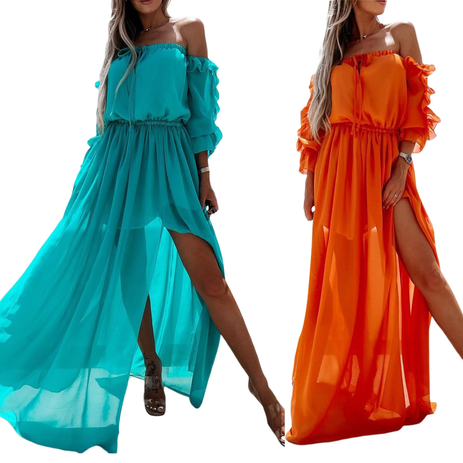 

Women Solid Color Long Dress, 3/4 Sleeve Off-shoulder Side Split Elastic Waist Dress With Ruffles 2021 New Fasihon