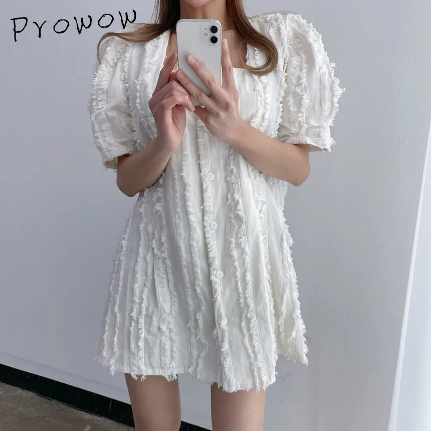 

Prowow 2021 Japanese New White Dresses For Women Square Collar Puff Sleeve Mini Dress Chic Tassels Temperament Summer Dresse Za
