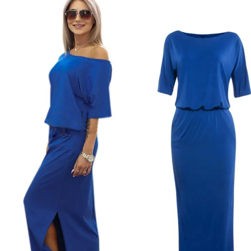 

2020 Summer New Style Women's Asymmetry Dresses Sexy Off Shoulder Short Sleeve Loose Dress With Slit Pockets Dress Pure Color