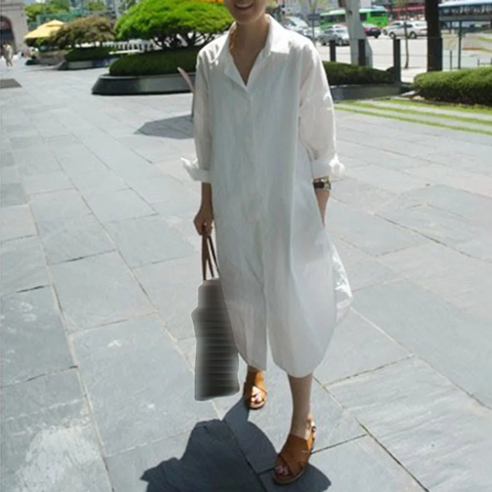 

2021 Summer Casual Japanese Style Korean Fashion Pocket Solid Color Women's Dress Single-breasted Lapel Loose Simple Thin