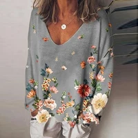 new spring womens t shirts fashion print all match round neck long sleeve t shirt tops deep v neck loose leisure top women t