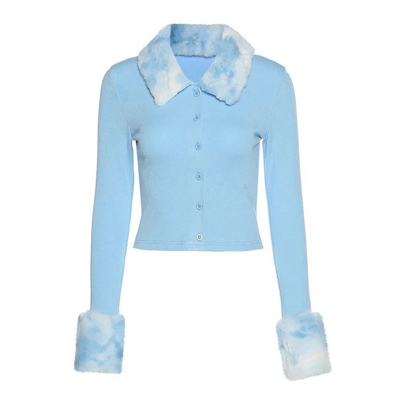 

Autumn Winter Ribbed Knitted Ladies Cardigans Single-breasted Coat With Fur Trim Collar Long Sleeve Slim Stretch Women Knitwear