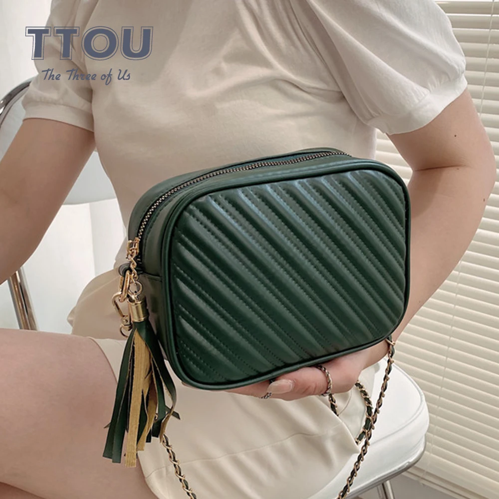 

Stripe Pattern Embroidered Thread PU Leather Crossbody Shoulder Bag for Women 2021 Autumn Simple Solid Color Handbag Lady Purse