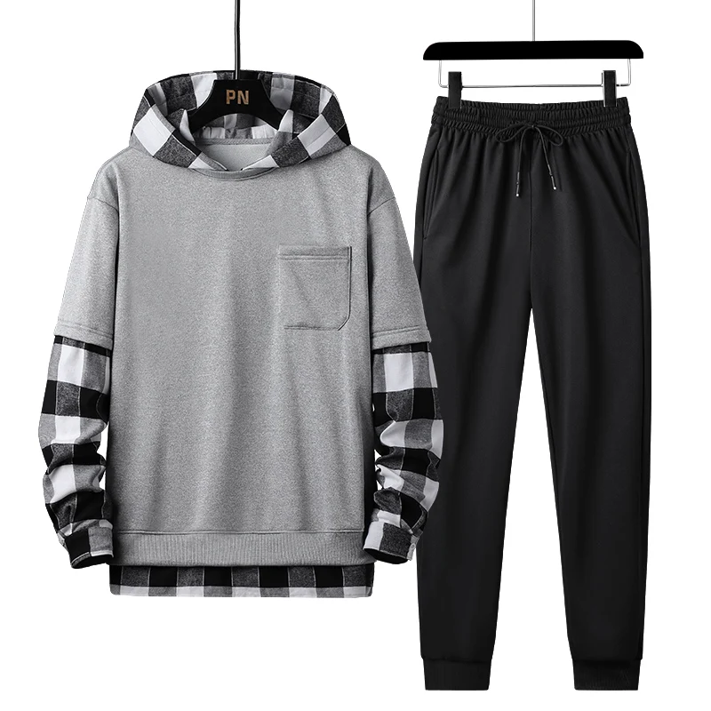 

Spring Autumn Mens Set Tracksuit Men Plaid Patchwork Hoodies + Pants 2 Pieces Set Fashion Studen Sports Suit Streetwear 4XL