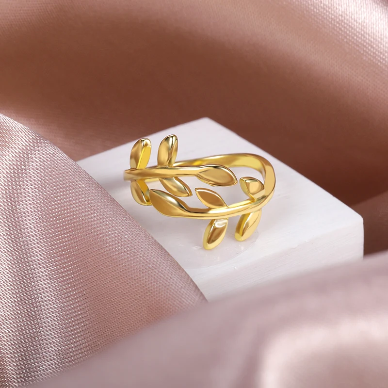 

Cute Laurel Wreath Wedding Rings For Women Men Anel Feminino Minimalist Jewelry Adjustable Gold color Anillos Branch Leaf Ring