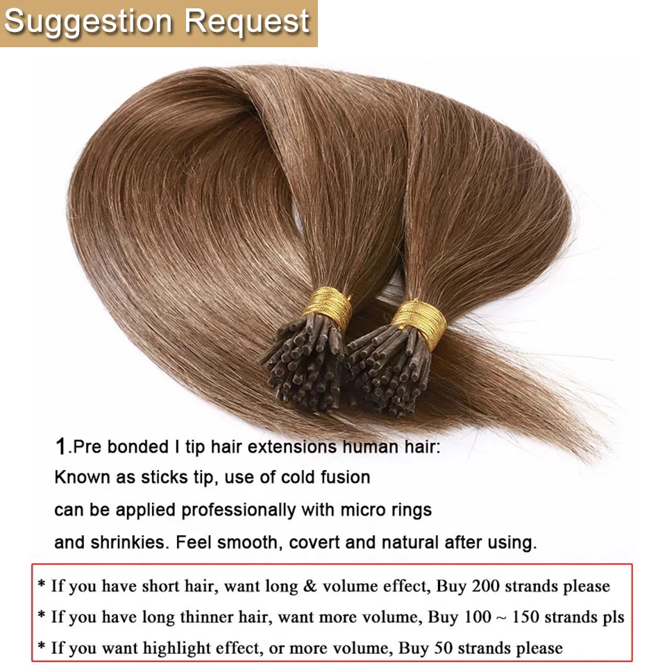 

S-noilite 100pcs 50g I Tip Fusion Stick 100% Human Hair Extensions Straight Keratin Hair Pre Bonded Non-Remy with Mcro Ring