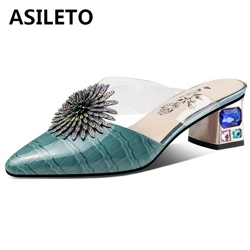 

ASILETO 2021 Genuine Leather Rhinestone Ladies Slippers Alligator Texture Flowers Crystal Strange Heel 4.5cm US12 Blue A4235