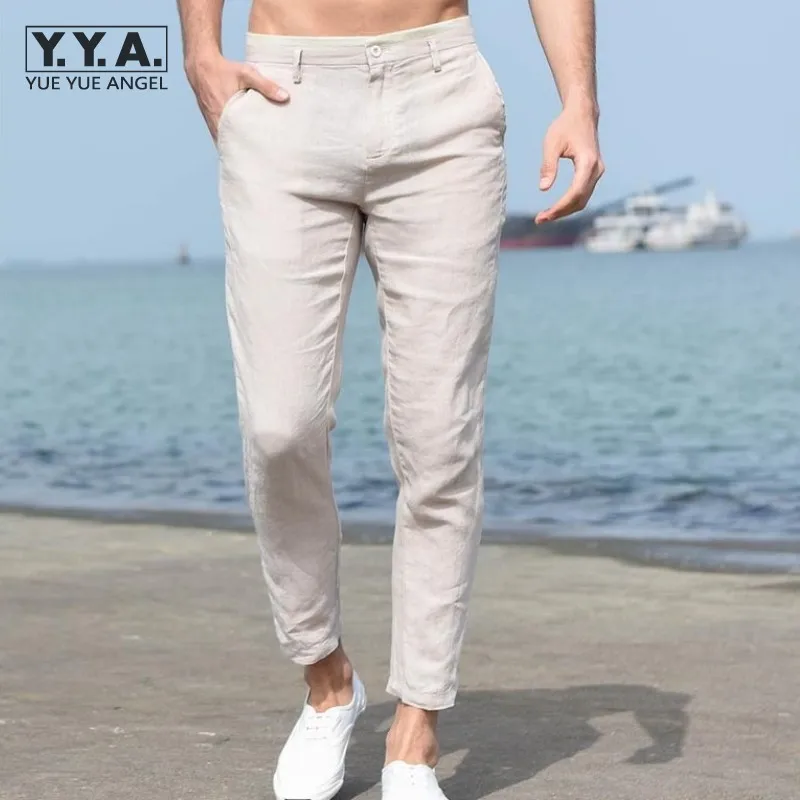 Summer Mens Business Casual Pants Fashion Solid Color Simple Linen Slim Fit Straight Ankle-Length Pants Men Harajuku Sweatpants