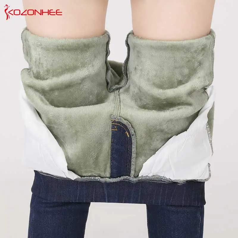 Кашемировые бархатные тянущиеся зимние теплые джинсы для женщин с высокой