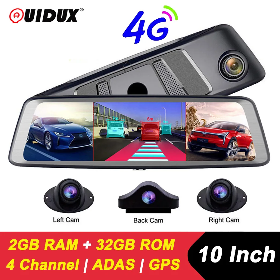 

10" 4 Cameras 4G Dash Cam ADAS Android Auto Car DVR Video Recorder FHD 1080P WIFI Rearview Mirror GPS Navigation Dashcam Videcam