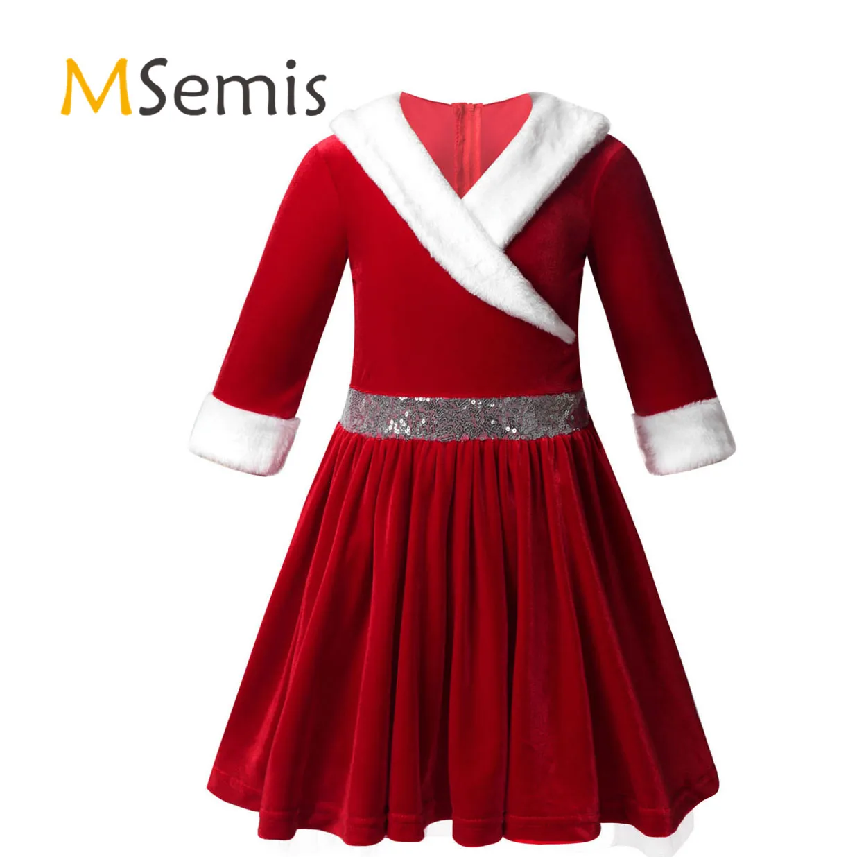 

Kids Girls Christmas Costume Dancewear Long Sleeve Faux Fur Trimming Velvet Figure Ice Skating Roller Skating Twirling Dress