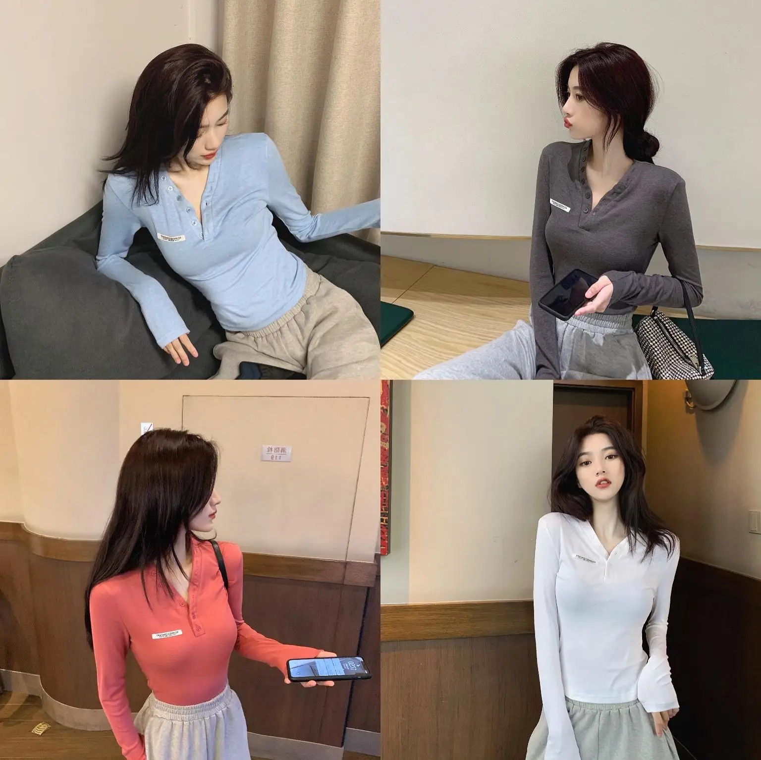 

Top Female Korean-style Fashion Design Minority All-Match Slim Fit Slimming Long Sleeves V-neck Buttons Base Shirt Western Style