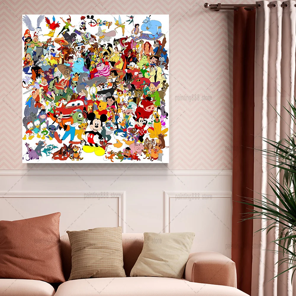 

Disney All Cartoon Characters Mickey Minnie Stitch Poster Print Mural Modern Anime Comics Pooh Canvas Painting Room Home Decor