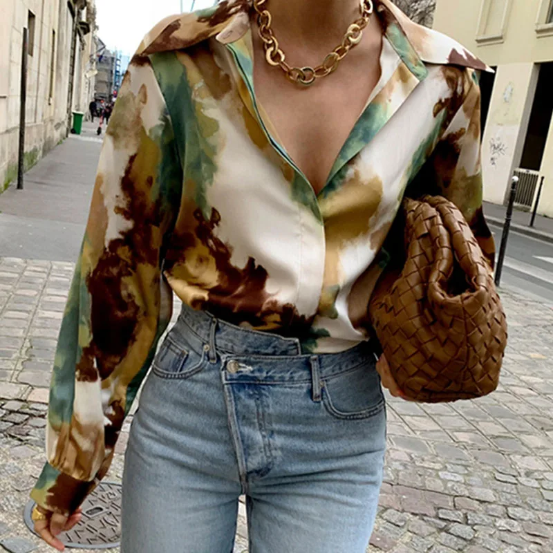 

[EWQ] 2021 Spring Women Fashion Vintage Blouse Turn-down Collar Long-sleeved Long Sleeve Panelled Green Print Loose Shirt 8Y050