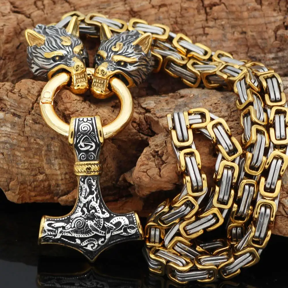 

Antiquing Viking Amulet Thor Hammer Pendant Nordic Wolf Head Double Color Square Buckle Chain Assertive Men's Necklace