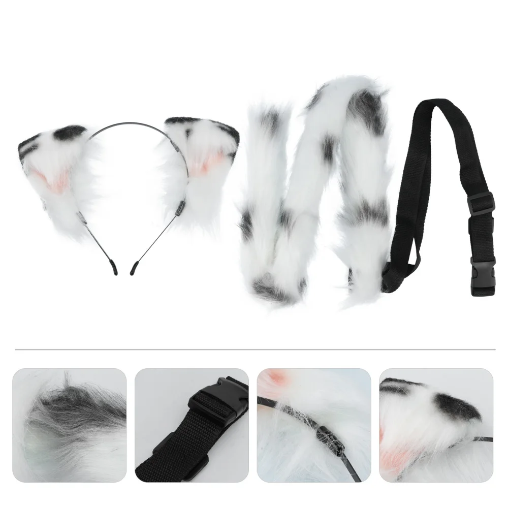 

1 Set Long Hair Dairy Cow Pattern Cat Headwear Tail Cosplay Decorative Props
