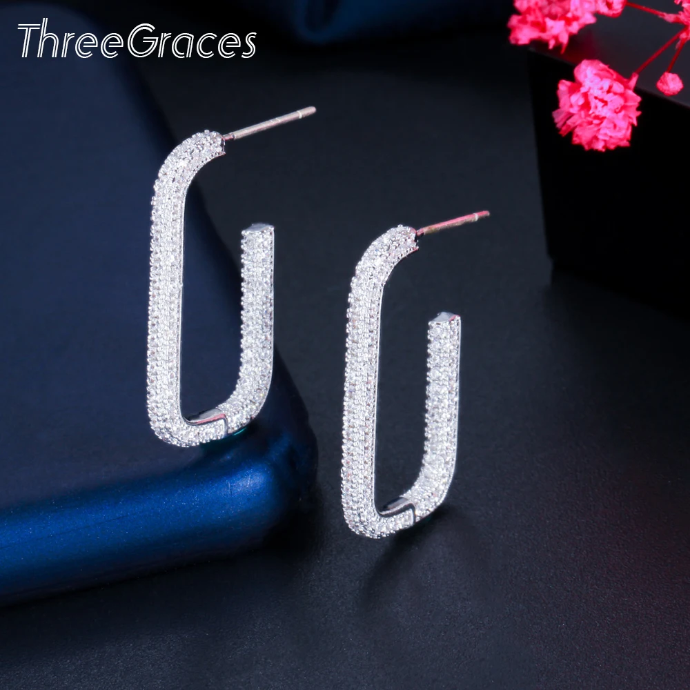 

ThreeGraces, трендовые прямоугольные женские серьги-кольца для вечеринки, блестящие белые кубические циркониевые кристаллы, новая мода, повседн...
