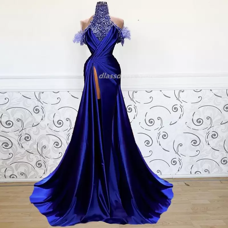 

High Neck Prom Dress 2022 Royal Blue Beads Slit Saudi Arabic Evening Party Gowns Robe De Soirée Femme فساتين السهرة Custom Made