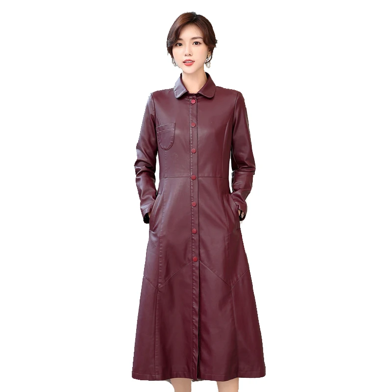 Black Red Spring Autumn Long Leather Coat Slim Style Single Breasted Women PU Leather Trench Coats 5XL