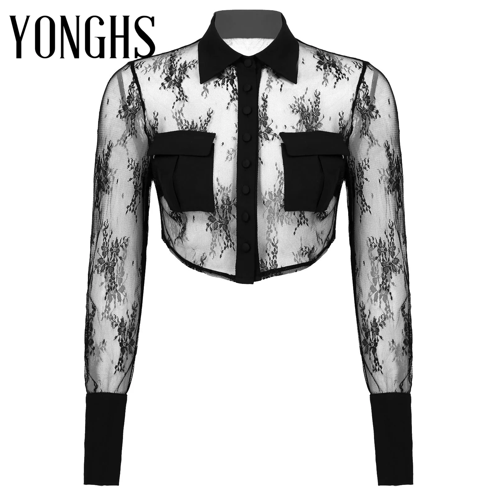 

Womens Sexy Blouse TopsTransparent Turn-down Collar Long Sleeve Button Down Erotic Crop Top Floral Lace Cropped Shirt Tank Tops