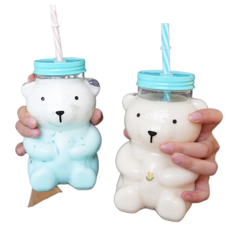 

550ml Cute Cartoon Bear Sippy Cup Creative Heat Resistant Glass Water Bottle With Straw Juice Milk Kids Clear Drinking Bottles