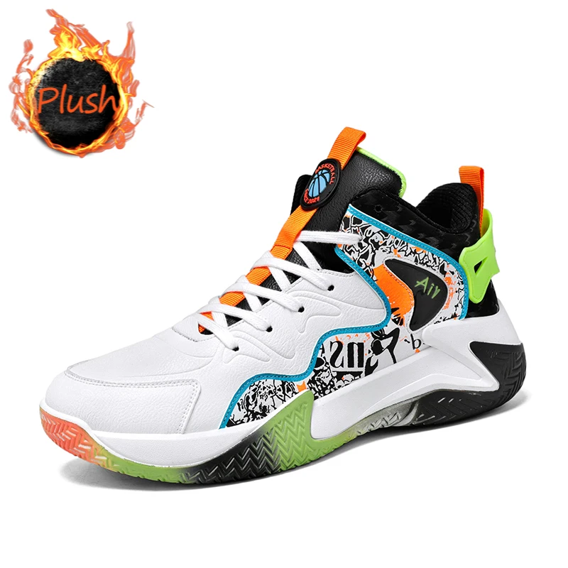 

Мужские баскетбольные кроссовки, меховые Высокие сникерсы, плюшевые, Уличная обувь для баскетбола с резиновой подошвой, для зимы