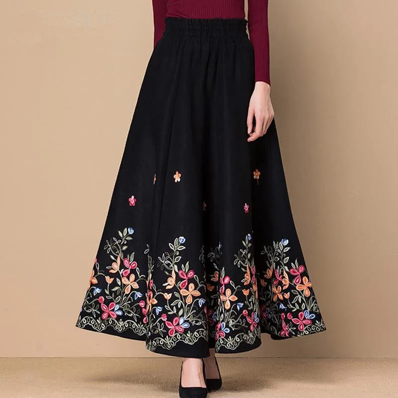

Black Fllower Embroidered Woolen Maxi Skirt Women Elegant High Waist Casual Skirts Mom Fashion Plus Size Skirt Office Lady Wear