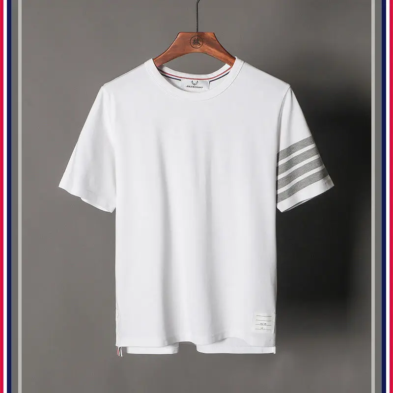 

2021 new summer yarn dyed four bar stripe round neck cotton sports casual T-shirt half sleeve for men and women