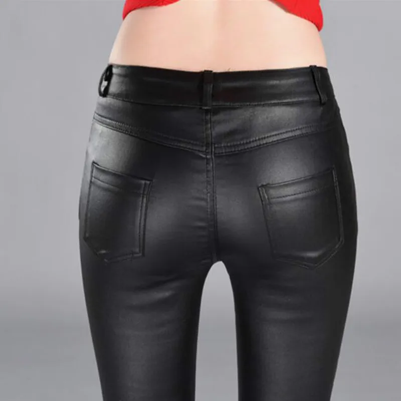 Осенне-зимние женские кожаные брюки высокие блестящие облегающие Женские