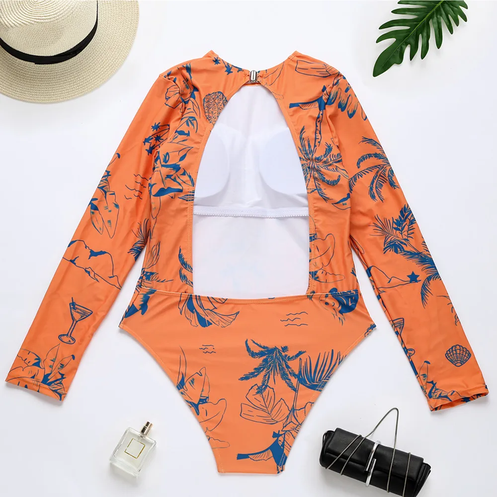 

Sexy Backless Swimwear Women Print Floral One Piece Swimsuit Long Sleeve Bathing Suit Beach Wear Surfing Bodysuit Monokini May