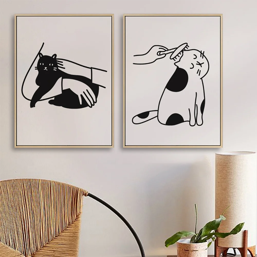 Современная черно-белая Картина на холсте с рисунками животных Кот мальчик и